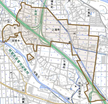 上滝町とその周辺の地図。町の範囲を重ねている