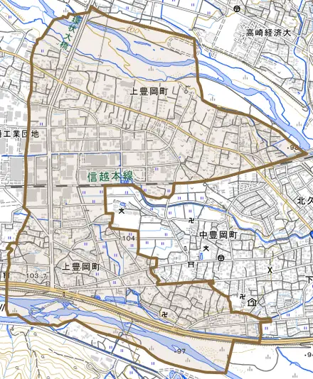 上豊岡町とその周辺の地図。町の範囲を重ねている