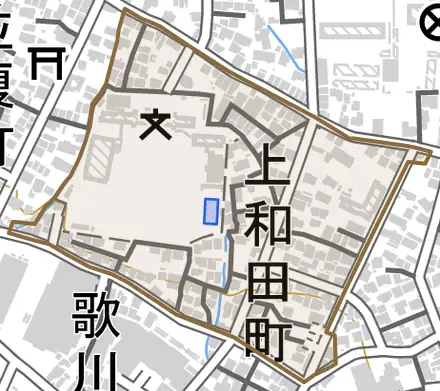 上和田町とその周辺の地図。町の範囲を重ねている
