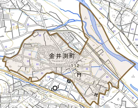 金井淵町とその周辺の地図。町の範囲を重ねている