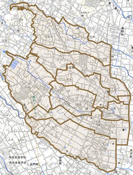 金古町とその周辺の地図。町の範囲を重ねている