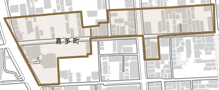 嘉多町とその周辺の地図。町の範囲を重ねている