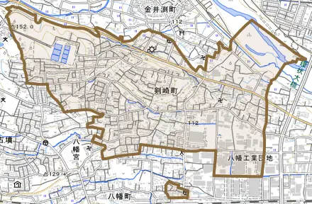 剣崎町とその周辺の地図。町の範囲を重ねている