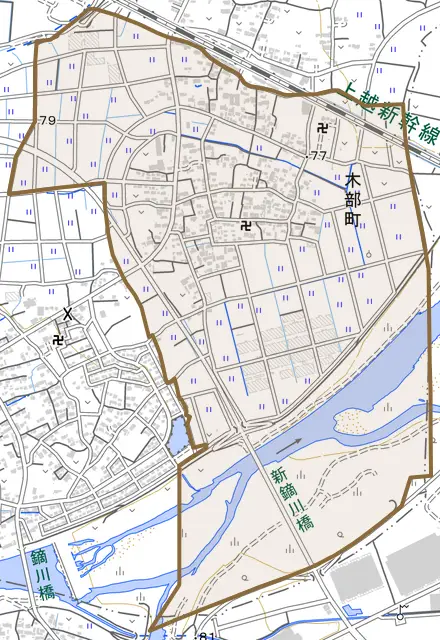 木部町とその周辺の地図。町の範囲を重ねている