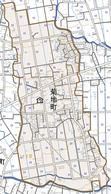 菊地町とその周辺の地図。町の範囲を重ねている