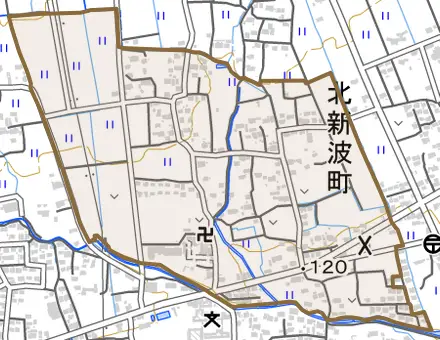 北新波町とその周辺の地図。町の範囲を重ねている