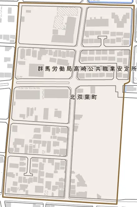 北双葉町とその周辺の地図。町の範囲を重ねている