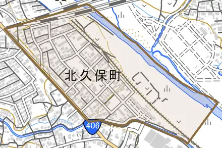 北久保町とその周辺の地図。町の範囲を重ねている