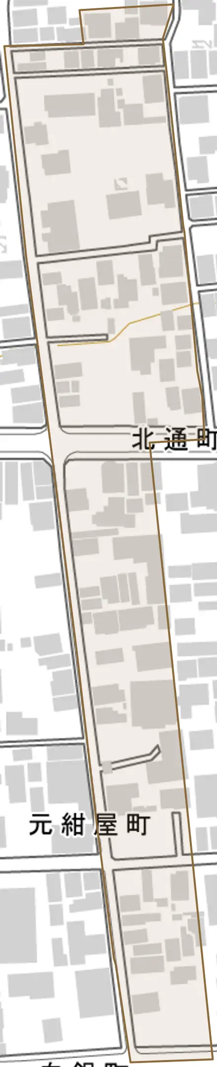 北通町とその周辺の地図。町の範囲を重ねている