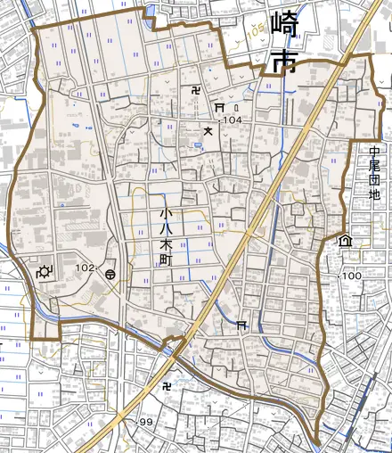 小八木町とその周辺の地図。町の範囲を重ねている