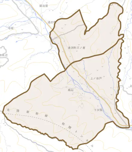 倉渕町三ノ倉とその周辺の地図。町の範囲を重ねている