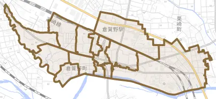 倉賀野町とその周辺の地図。町の範囲を重ねている