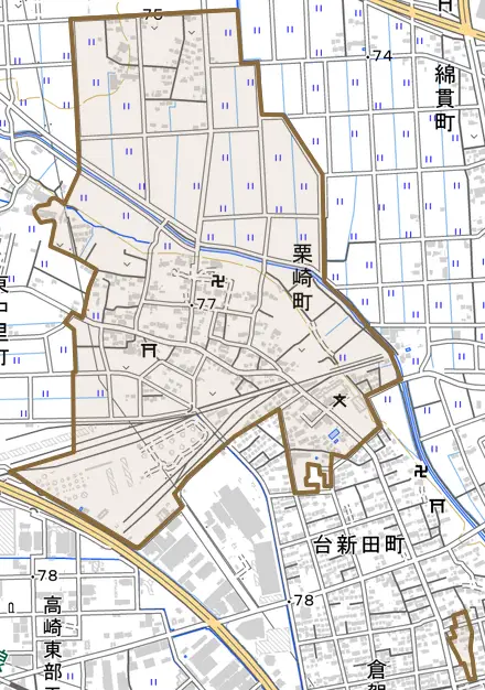 栗崎町とその周辺の地図。町の範囲を重ねている