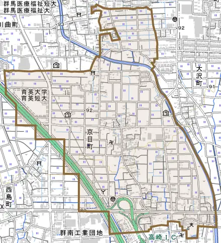 京目町とその周辺の地図。町の範囲を重ねている