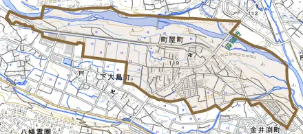 町屋町とその周辺の地図。町の範囲を重ねている