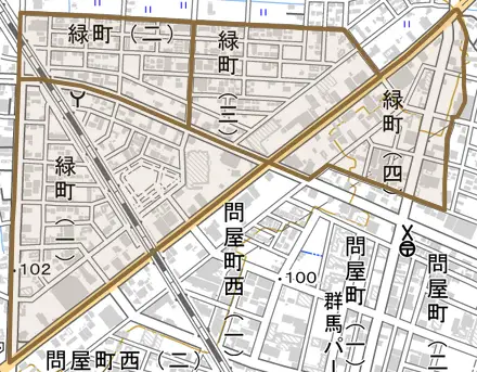 緑町とその周辺の地図。町の範囲を重ねている