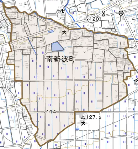 南新波町とその周辺の地図。町の範囲を重ねている