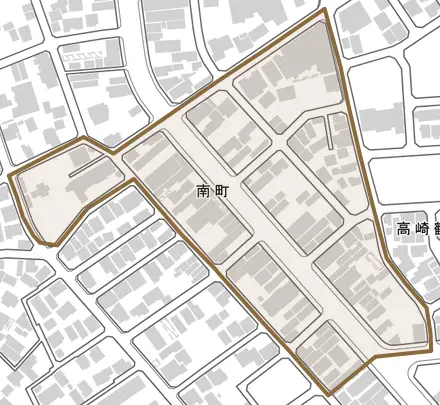 南町とその周辺の地図。町の範囲を重ねている