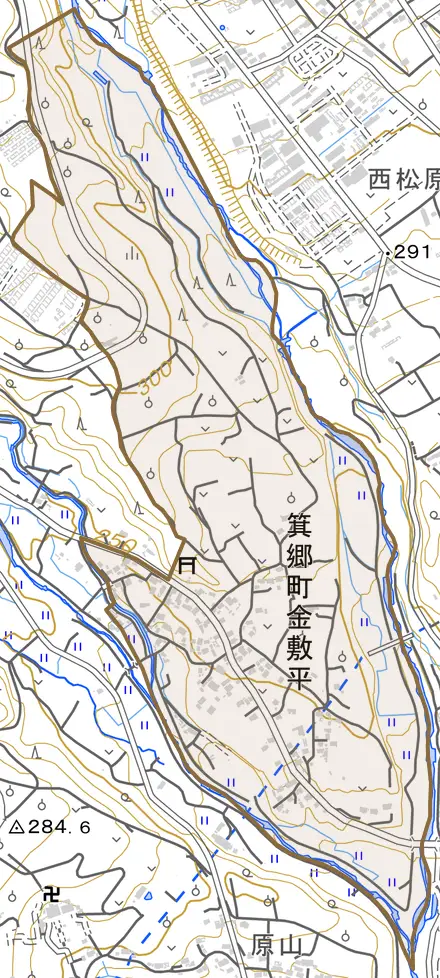 箕郷町金敷平とその周辺の地図。町の範囲を重ねている