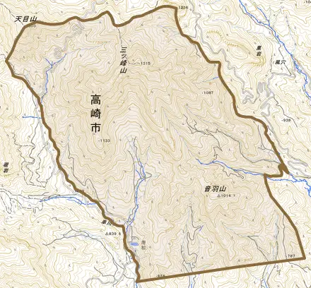箕郷町中野とその周辺の地図。町の範囲を重ねている
