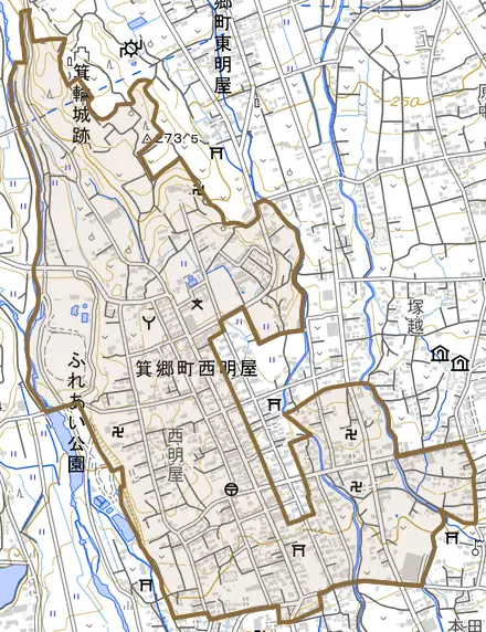 箕郷町西明屋とその周辺の地図。町の範囲を重ねている