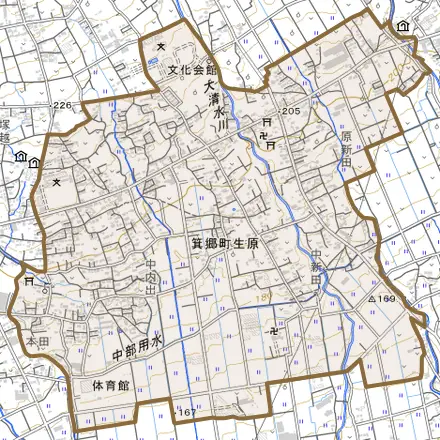 箕郷町生原とその周辺の地図。町の範囲を重ねている