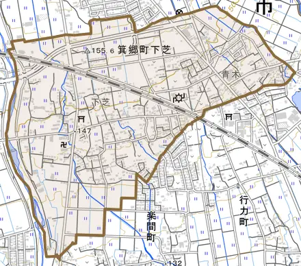 箕郷町下芝とその周辺の地図。町の範囲を重ねている
