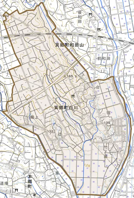 箕郷町白川とその周辺の地図。町の範囲を重ねている