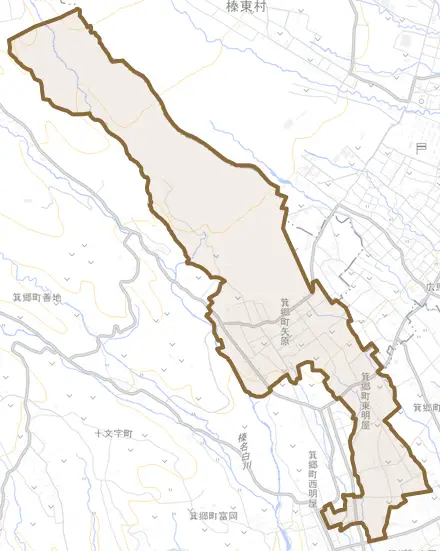 箕郷町矢原とその周辺の地図。町の範囲を重ねている