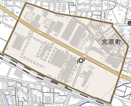 宮原町とその周辺の地図。町の範囲を重ねている