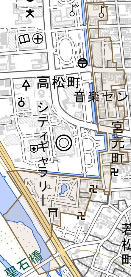 宮元町とその周辺の地図。町の範囲を重ねている