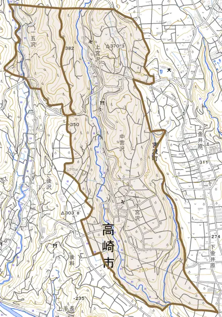 宮沢町とその周辺の地図。町の範囲を重ねている
