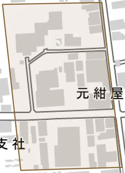 元紺屋町とその周辺の地図。町の範囲を重ねている