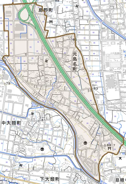 元島名町とその周辺の地図。町の範囲を重ねている