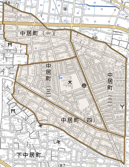 中居町とその周辺の地図。町の範囲を重ねている