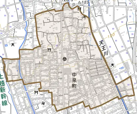 中泉町とその周辺の地図。町の範囲を重ねている