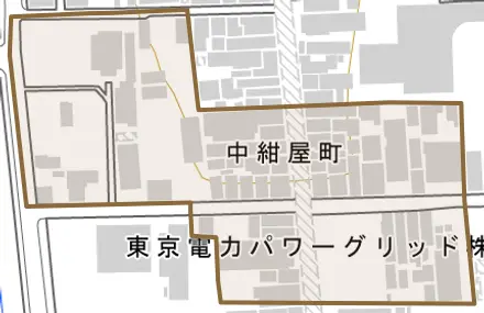 中紺屋町とその周辺の地図。町の範囲を重ねている