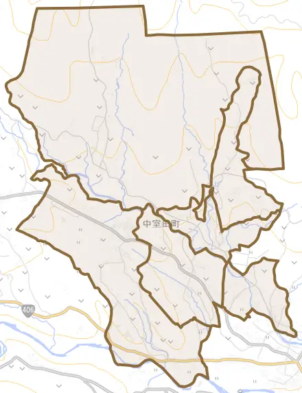 中室田町とその周辺の地図。町の範囲を重ねている