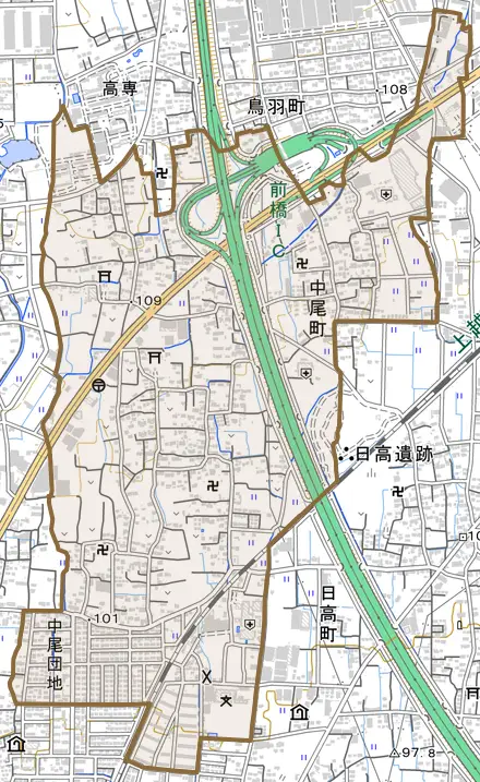 中尾町とその周辺の地図。町の範囲を重ねている