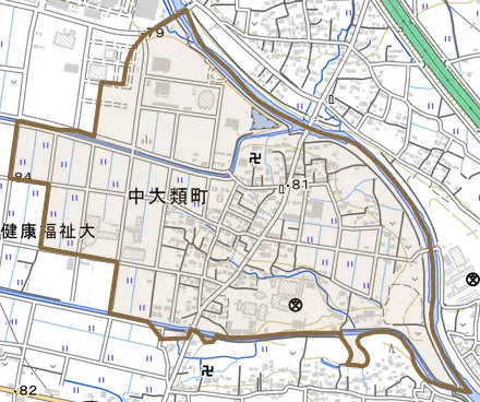 中大類町とその周辺の地図。町の範囲を重ねている