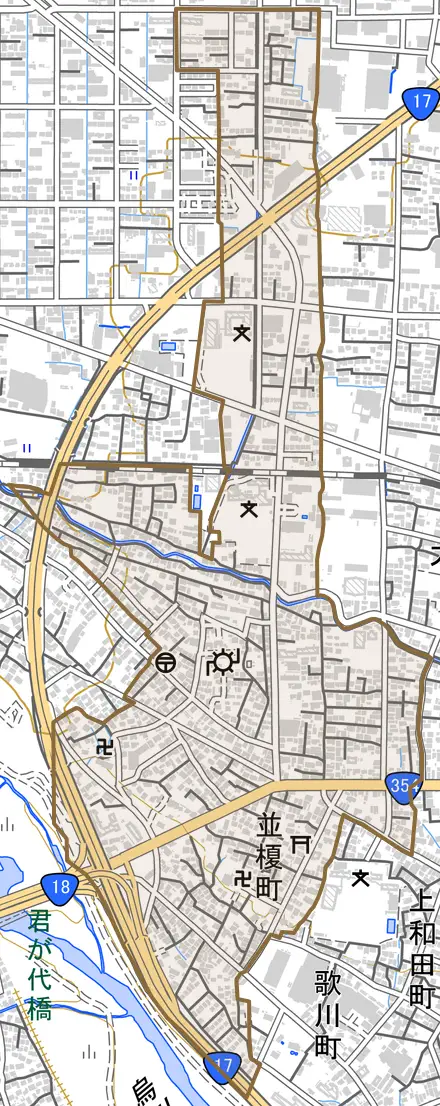 並榎町とその周辺の地図。町の範囲を重ねている