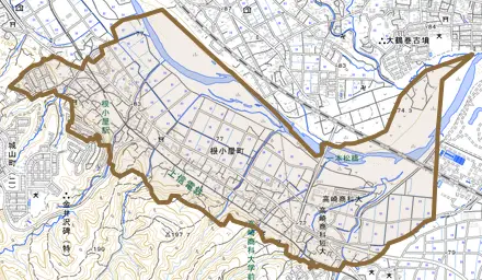 根小屋町とその周辺の地図。町の範囲を重ねている