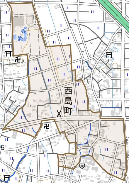 西島町とその周辺の地図。町の範囲を重ねている