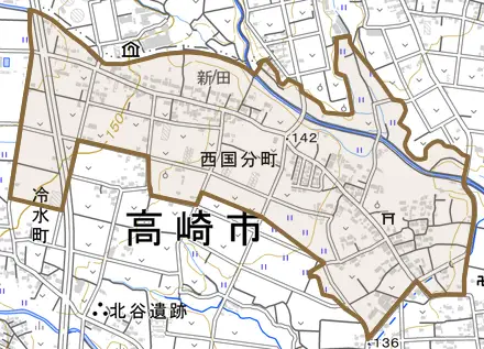 西国分町とその周辺の地図。町の範囲を重ねている