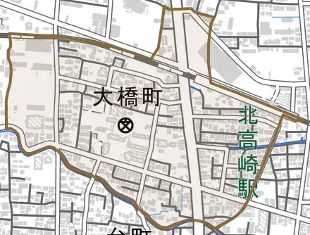 大橋町とその周辺の地図。町の範囲を重ねている