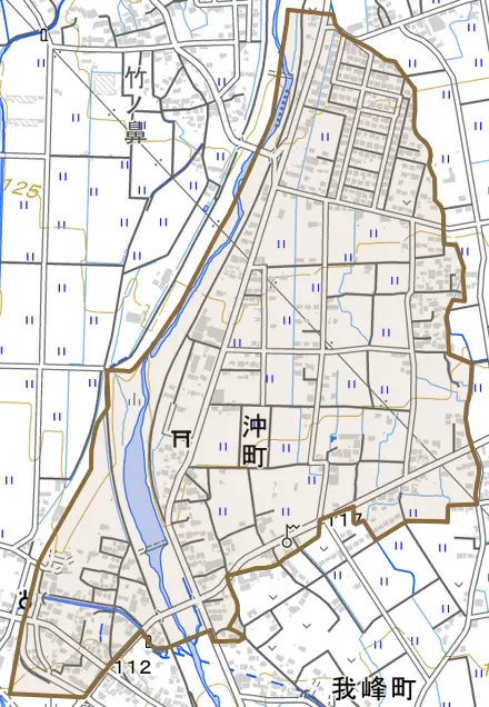 沖町とその周辺の地図。町の範囲を重ねている