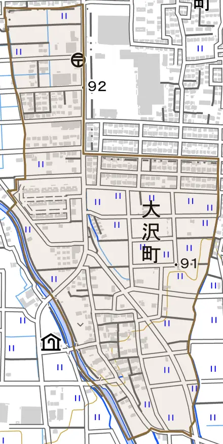 大沢町とその周辺の地図。町の範囲を重ねている