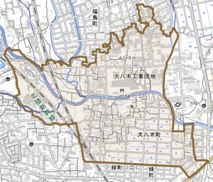 大八木町とその周辺の地図。町の範囲を重ねている