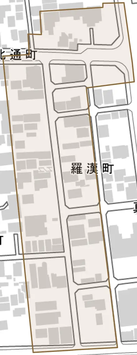 羅漢町とその周辺の地図。町の範囲を重ねている