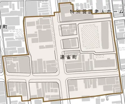 連雀町とその周辺の地図。町の範囲を重ねている